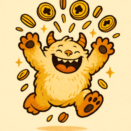 The beast celebrating, coins flying